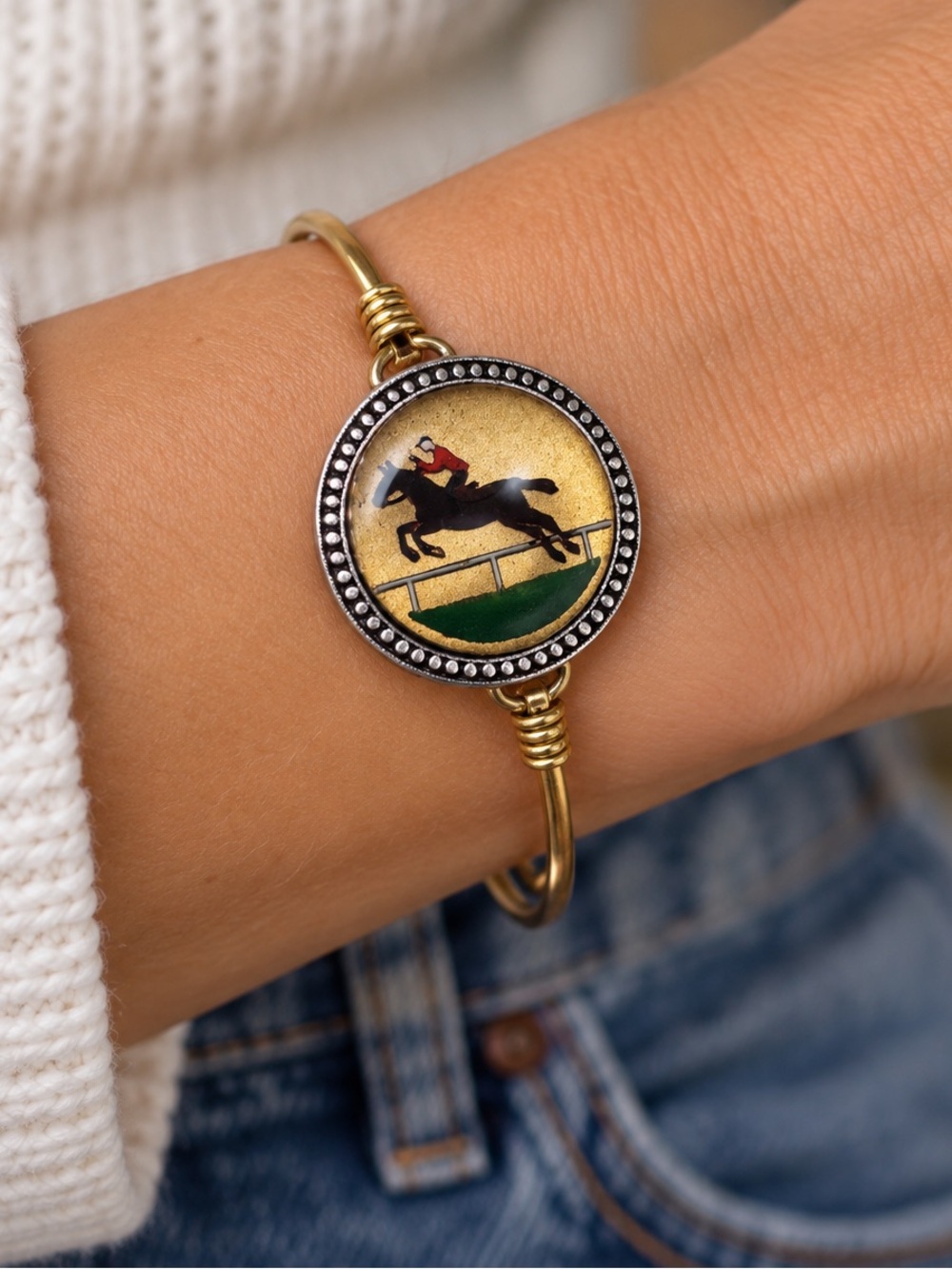 Horse & Jockey Equestrian Gold Bronze Tone Bangle Bracelet Statement Jewelry